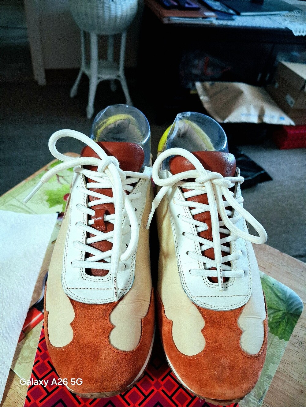 Tory Burch Tan, Brown & White Leather Suede Low-Top Trainers Size 7.5 - Picture 9 of 13